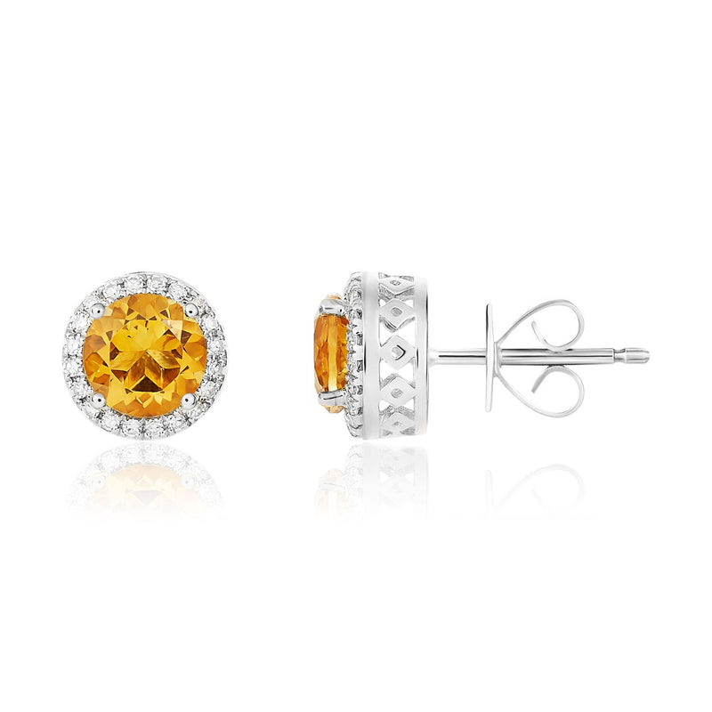 9ct White Gold Round Natural Citrine & Diamond Claw Set Cluster Stud Earrings — 6mm