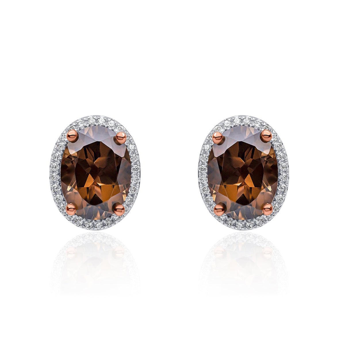 9ct Rose Gold Oval Natural Smoky Quartz & Diamond Claw Set Cluster Stud Earrings — 8x6mm