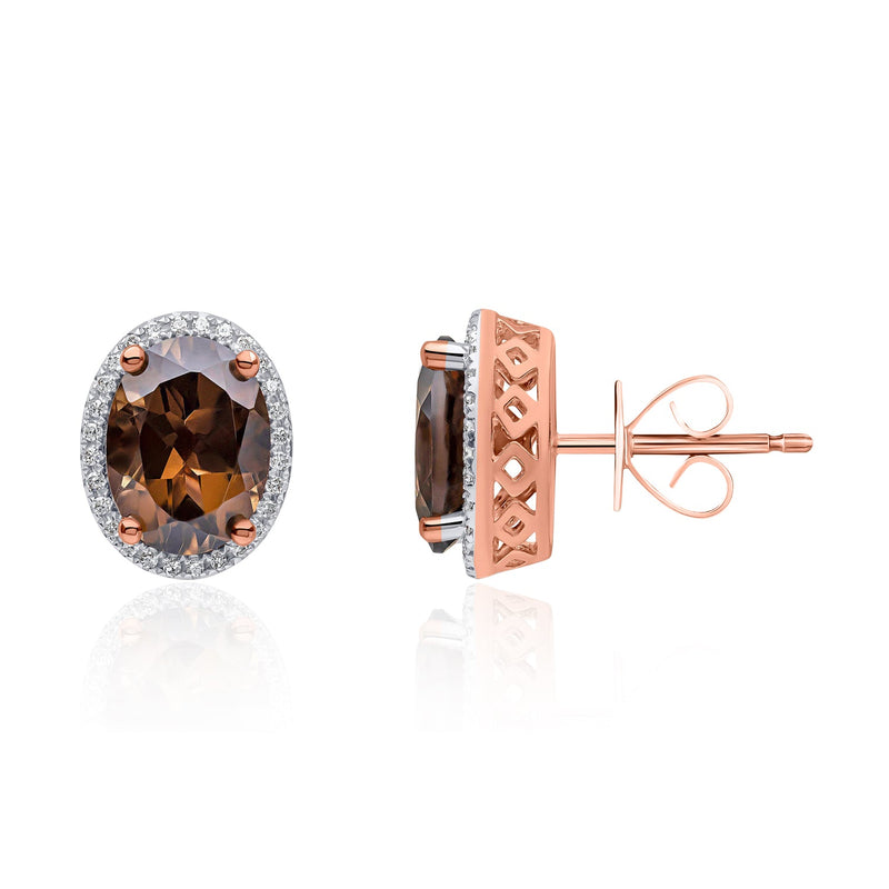 9ct Rose Gold Oval Natural Smoky Quartz & Diamond Claw Set Cluster Stud Earrings — 8x6mm