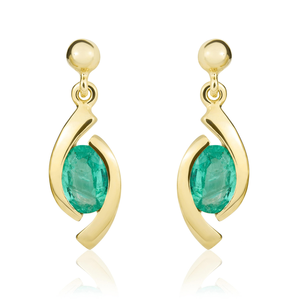 9ct Yellow Gold Oval Natural Emerald 'Eye' Drop Earrings — 6x4mm