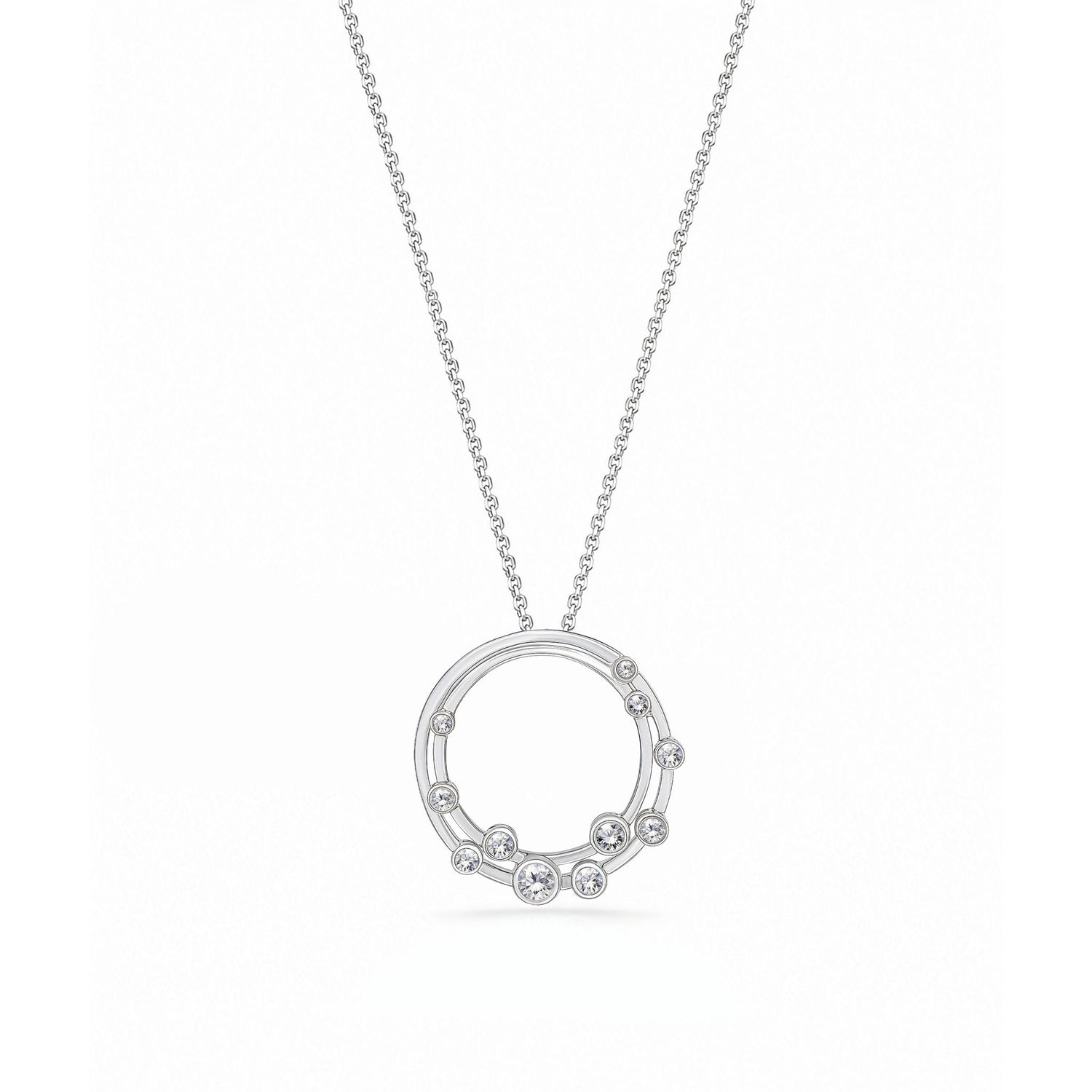 18ct White Gold Rubover Round Natural Diamond Bubble Double Circle Slider Pendant — 24mm
