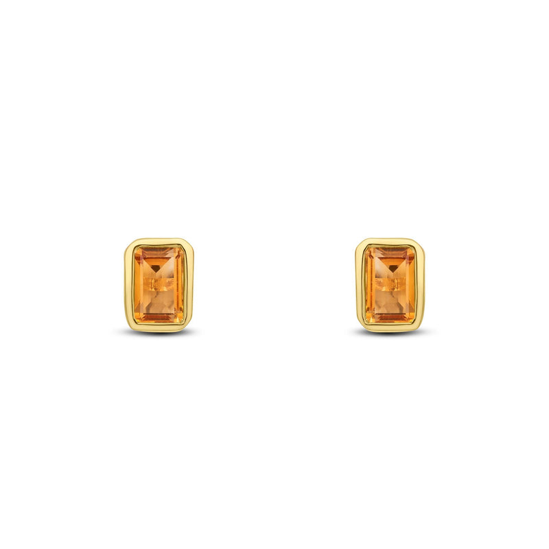 9ct Yellow Gold Octagonal Emerald Cut Natural Citrine Rubover Stud Earrings — 5x3mm
