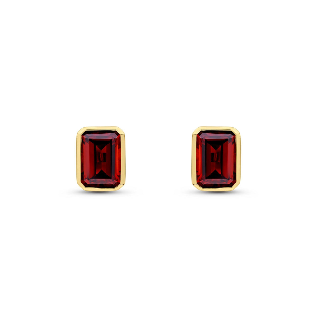 9ct Yellow Gold Octagonal Emerald Cut Natural Garnet Rubover Stud Earrings — 7x5mm