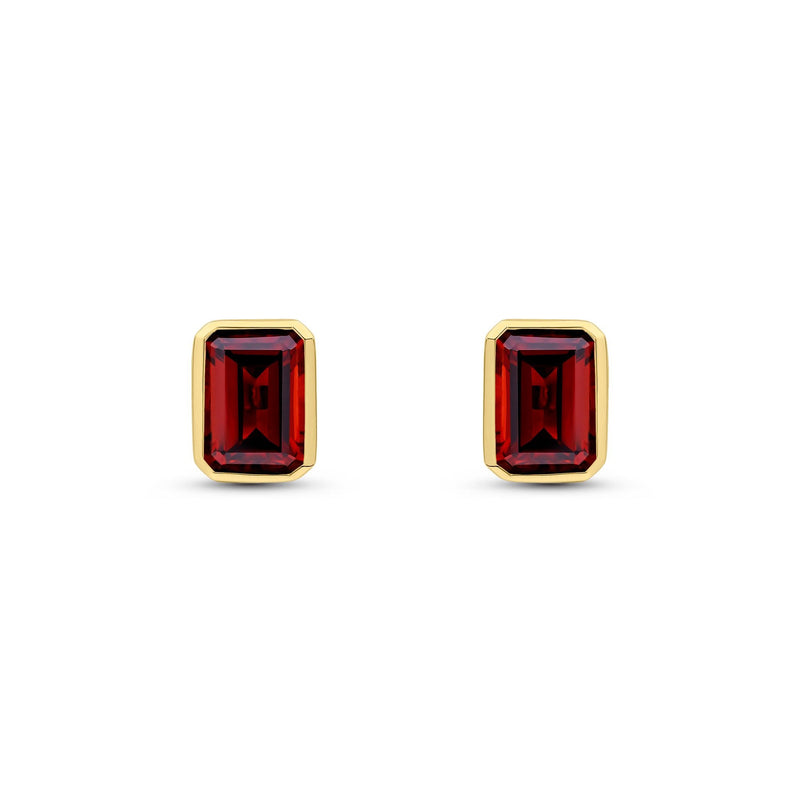 9ct Yellow Gold Octagonal Emerald Cut Natural Garnet Rubover Stud Earrings — 7x5mm