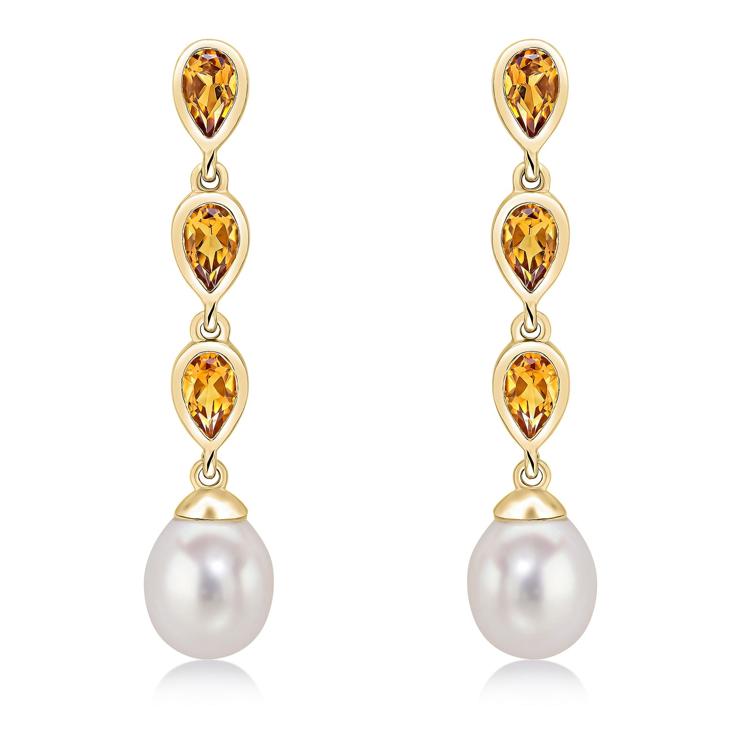 9ct Yellow Gold Natural Pearl and Citrine Triple Drop Earrings — 3x5mm