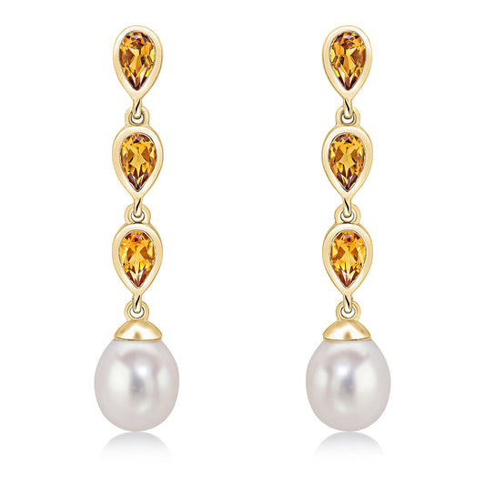 9ct Yellow Gold Natural Pearl and Citrine Triple Drop Earrings — 3x5mm
