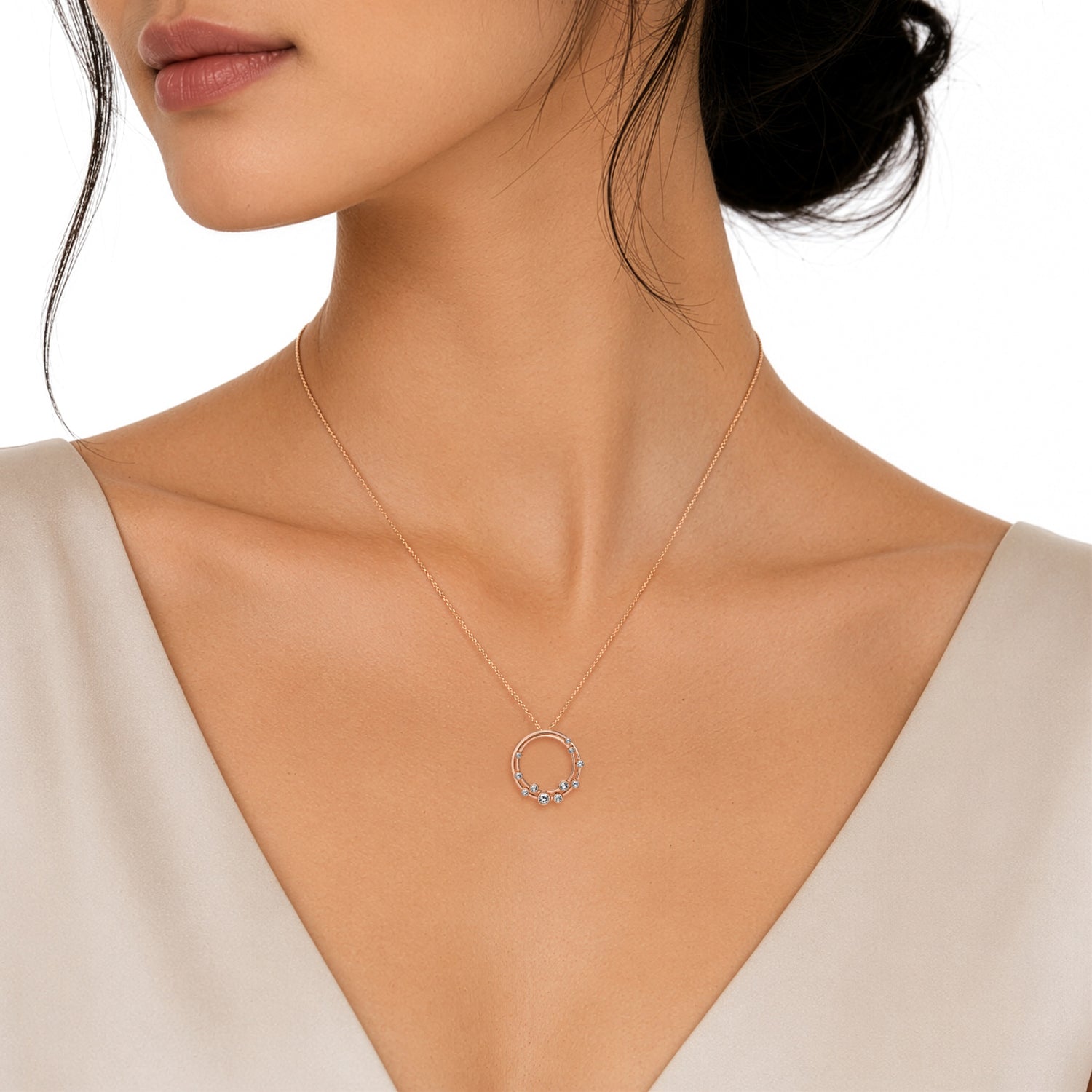 18ct Rose Gold Rubover Round Natural Diamond Bubble Double Circle Slider Pendant — 24mm