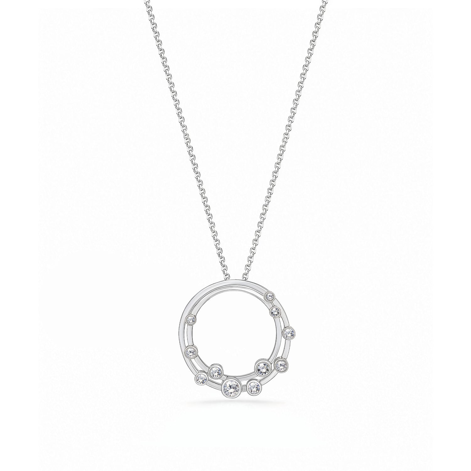 18ct White Gold Rubover Round Natural Diamond Bubble Double Circle Slider Pendant — 24mm