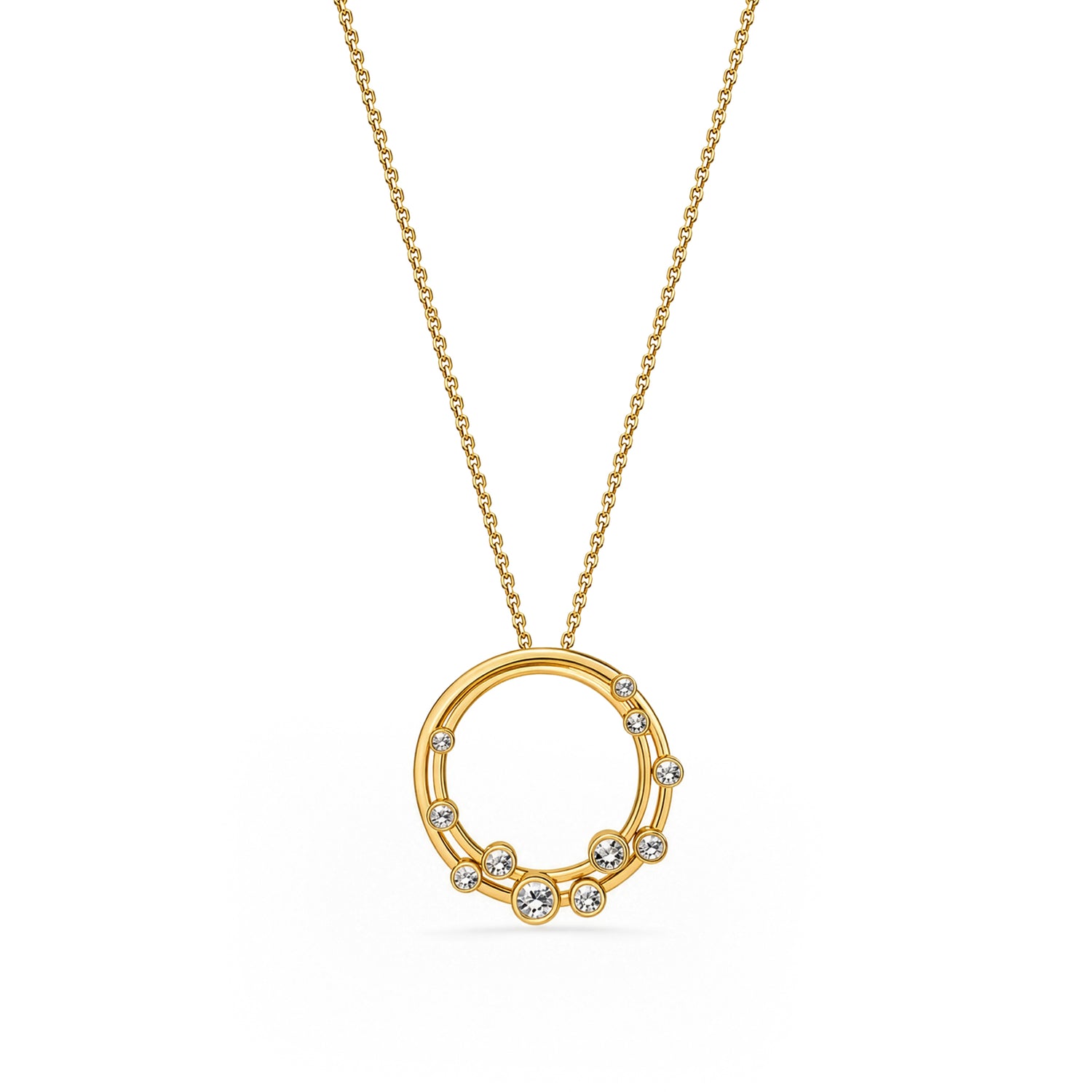 18ct Yellow Gold Rubover Round Natural Diamond Bubble Double Circle Slider Pendant — 24mm