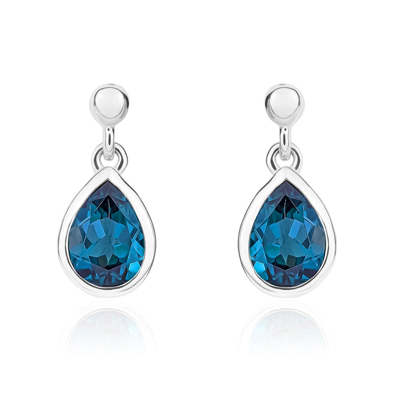 9ct White Gold Pear Shaped Natural London Blue Topaz Rubover Drop Earrings — 7x5mm