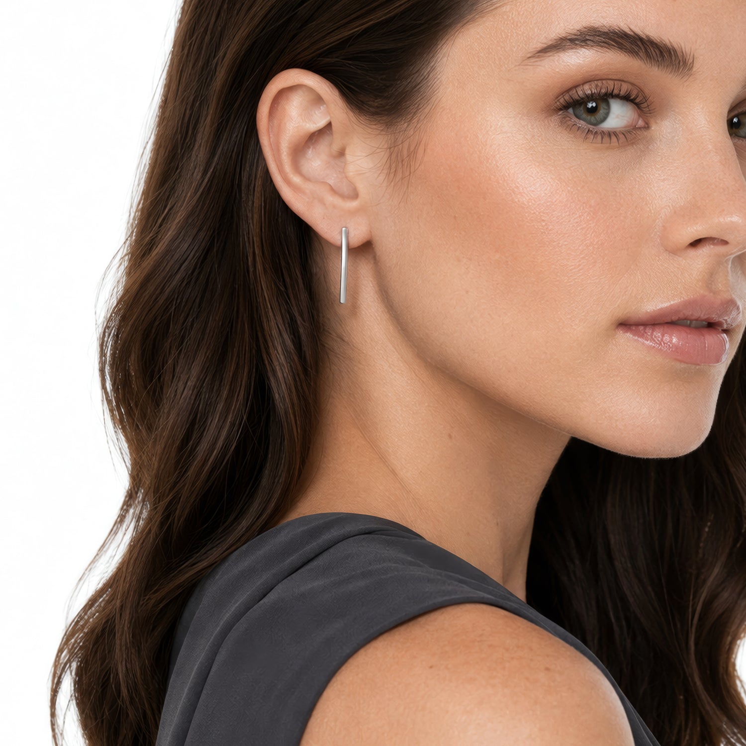 9ct White Gold Curved Bar Drop Earrings – 25x2mm