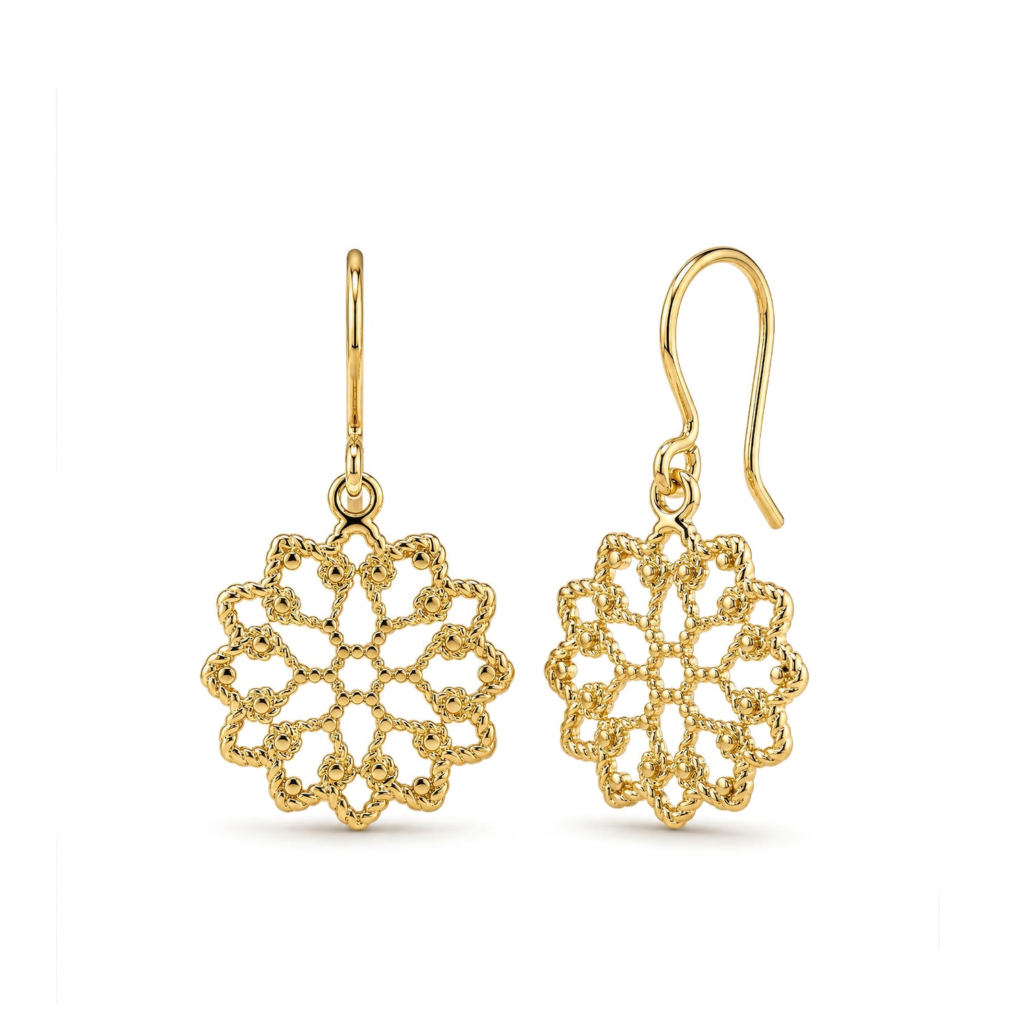 9ct Yellow Gold Round Flower Filigree Drop Earrings — 28x15mm