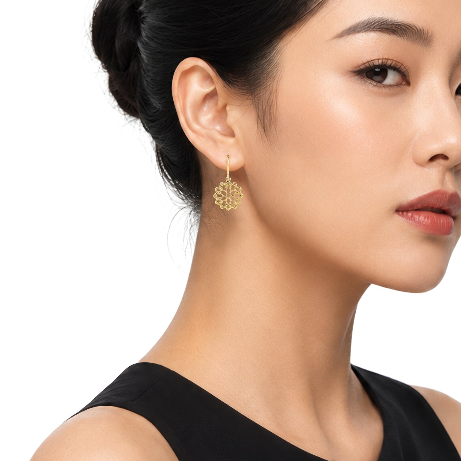 9ct Yellow Gold Round Flower Filigree Drop Earrings — 28x15mm
