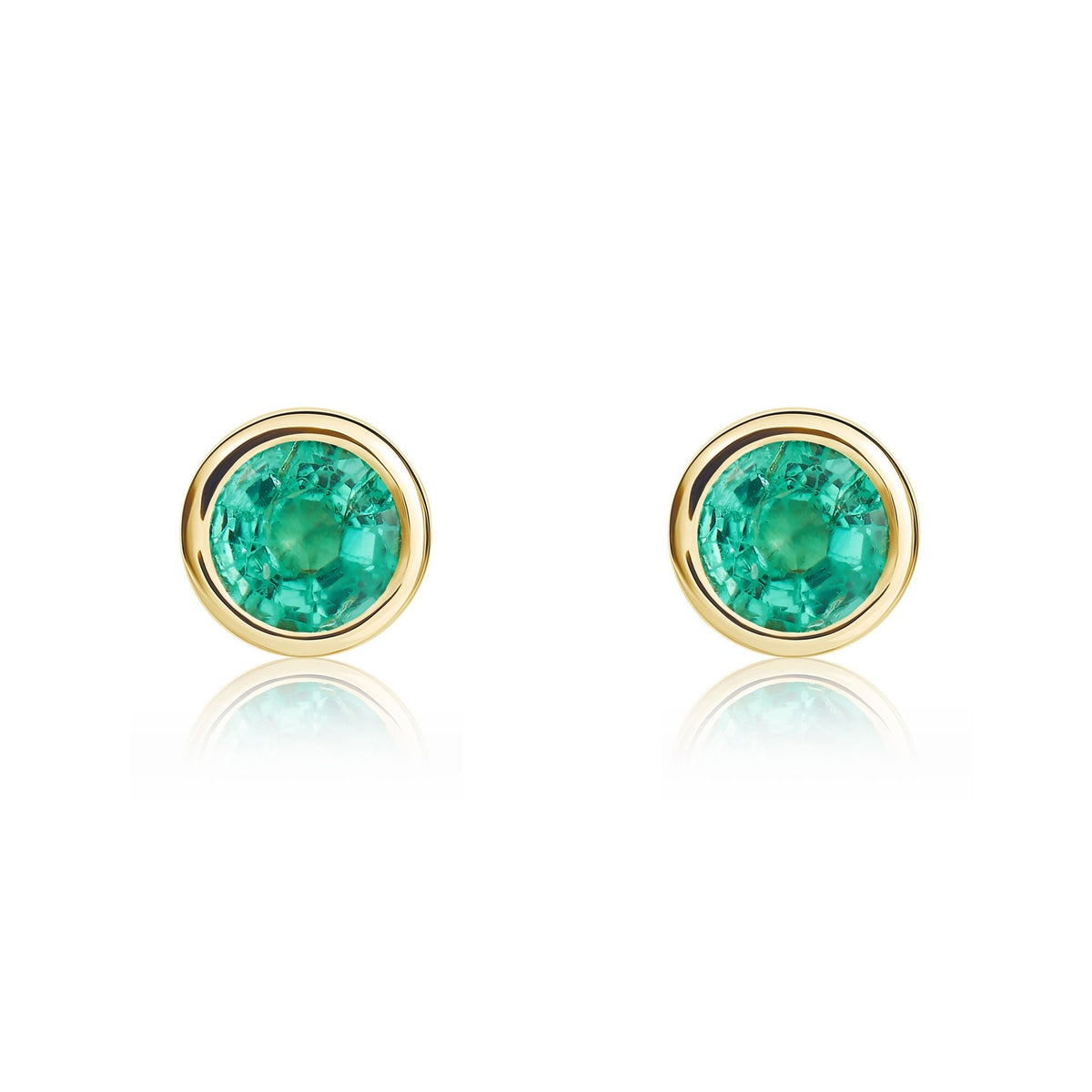 9ct Yellow Gold Round Natural Emerald Rubover Stud Earrings — 4mm