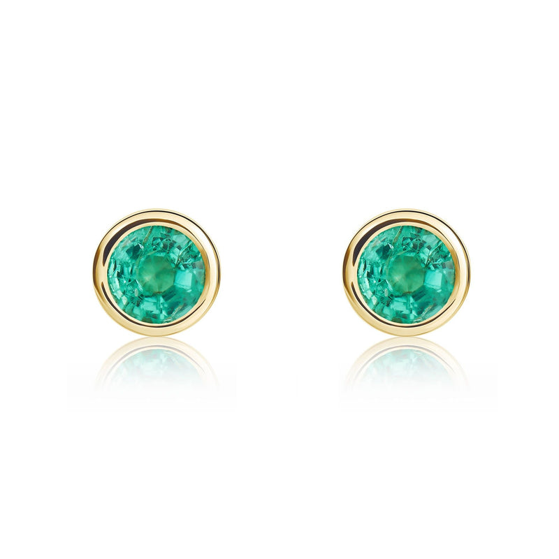 9ct Yellow Gold Round Natural Emerald Rubover Stud Earrings — 4mm