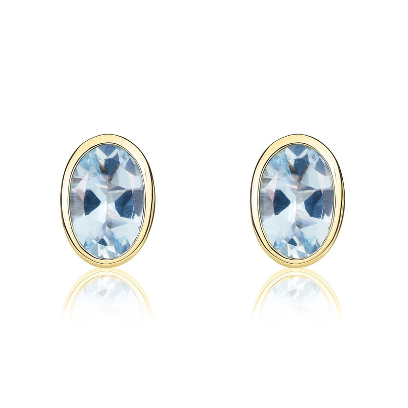9ct Yellow Gold Oval Natural Aquamarine Rubover Stud Earrings — 6x4mm