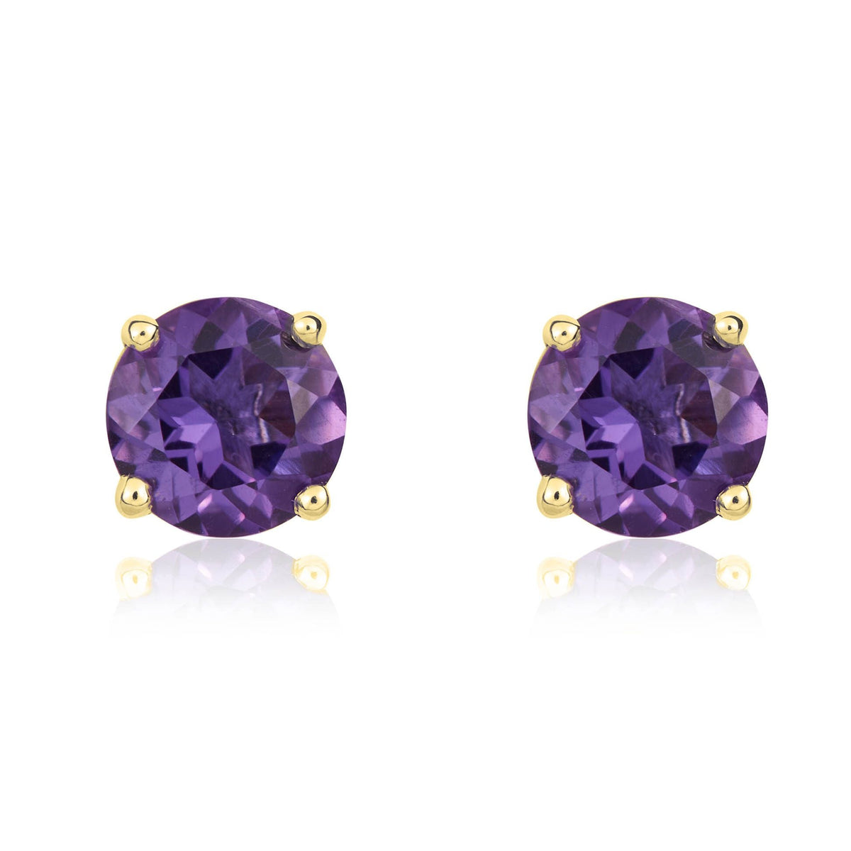 9ct Yellow Gold Round Natural Amethyst Claw Stud Earrings — 5mm