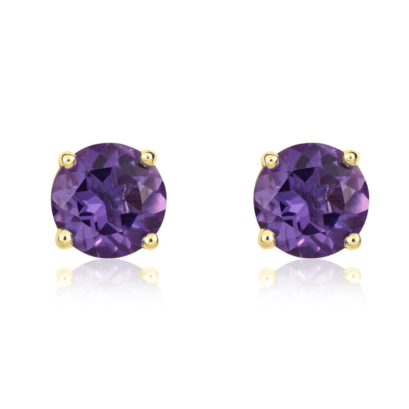 9ct Yellow Gold Round Natural Amethyst Claw Stud Earrings — 5mm