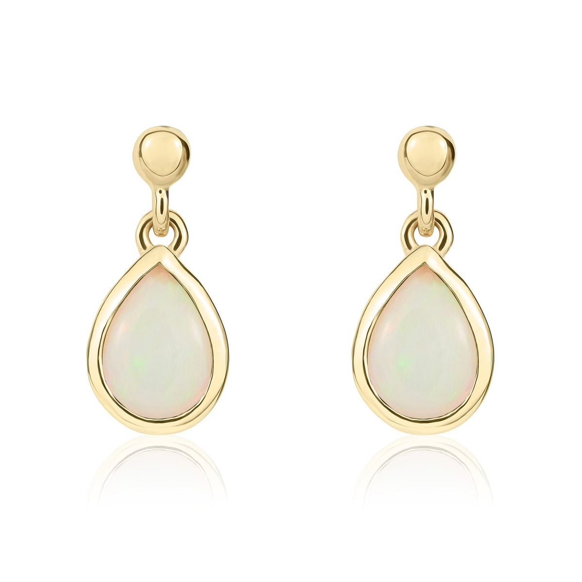 9ct Yellow Gold Pear Shaped Natural Opal Rubover Drop Earrings — 7x5mm