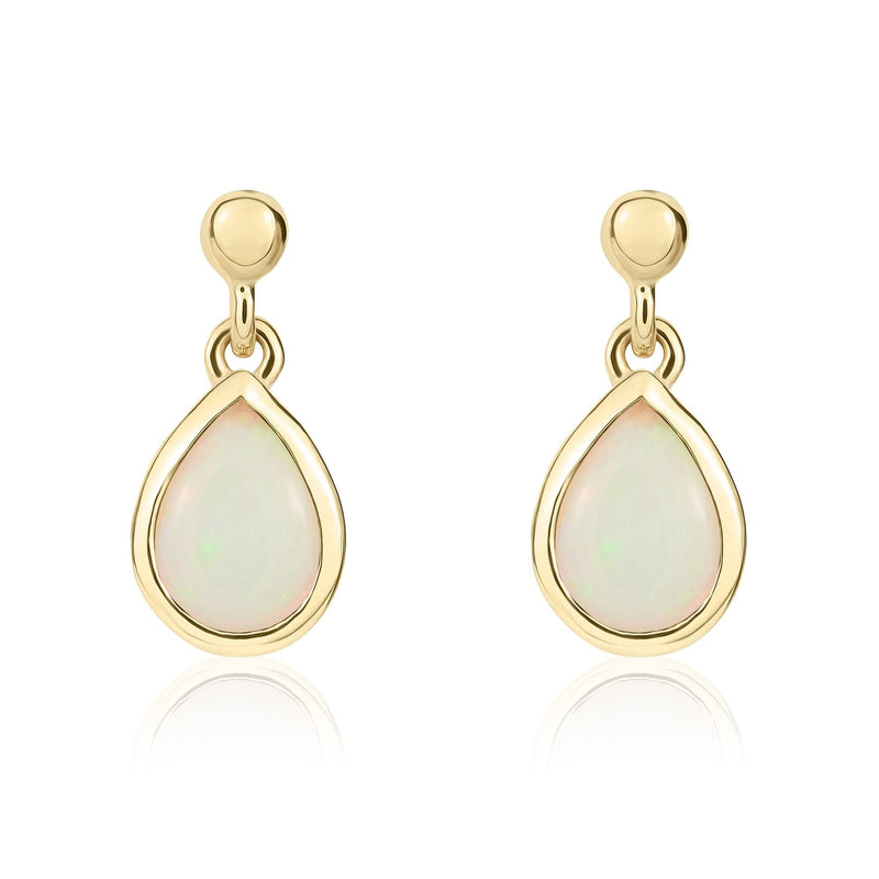 9ct Yellow Gold Pear Shaped Natural Opal Rubover Drop Earrings — 7x5mm