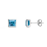 9ct White Gold Square Natural Swiss Blue Topaz Rubover Stud Earrings — 5mm