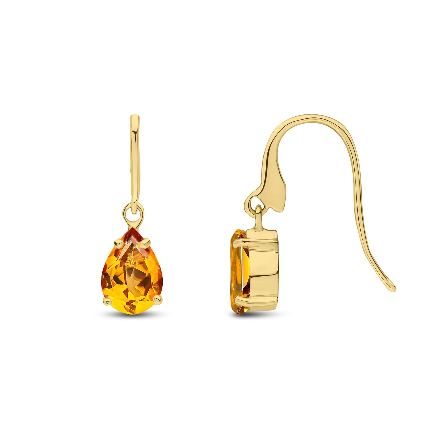 9ct Yellow Gold Pear Shaped Natural Citrine Claw Wire Hook Drop Earrings — 7x5mm