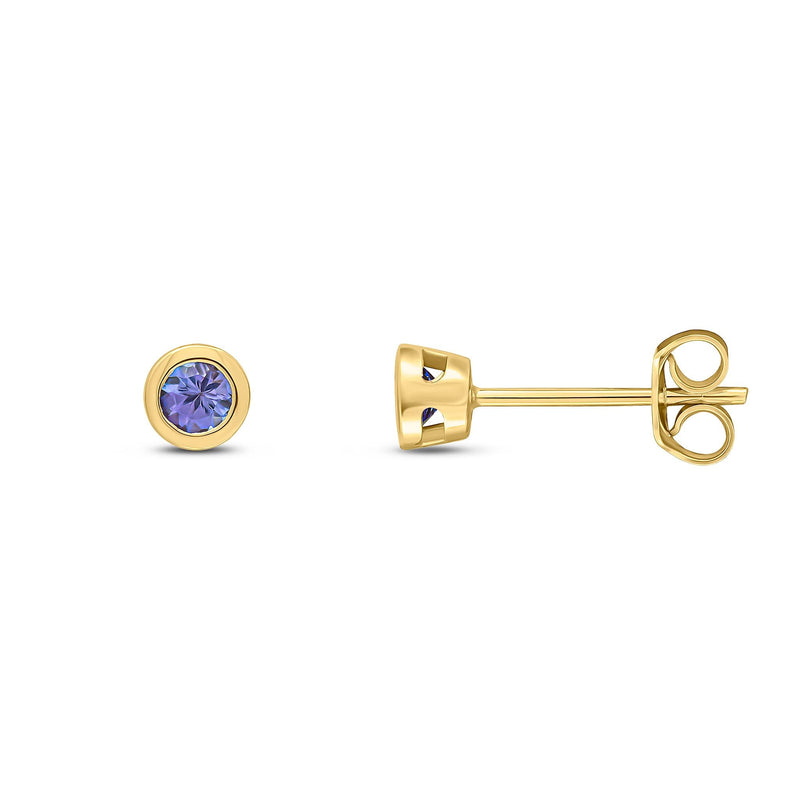 9ct Yellow Gold Round Natural Tanzanite Rubover Stud Earrings — 3mm