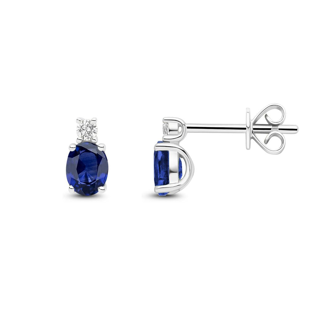 18ct White Gold Oval Natural Sapphire and Round Diamond Two Stone Stud Earrings — 5x4mm