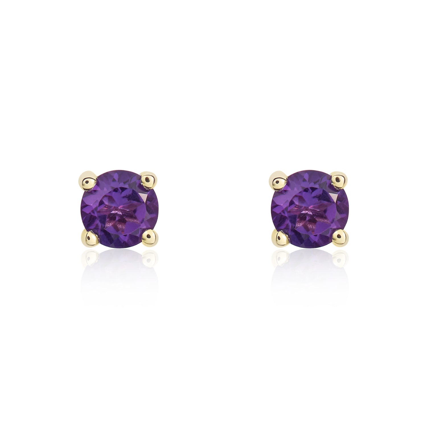 9ct Yellow Gold Round Natural Amethyst Claw Stud Earrings — 4mm
