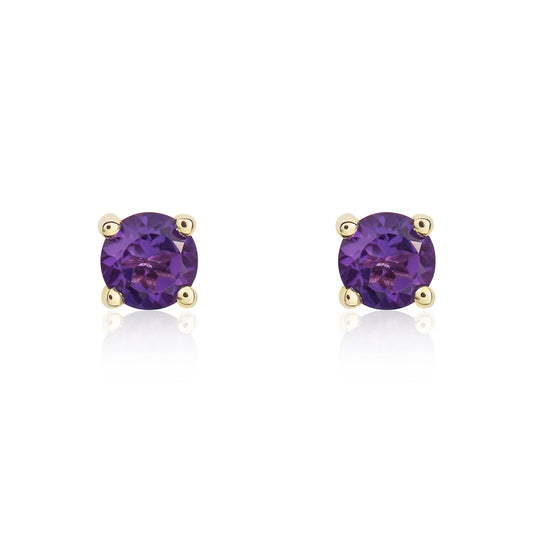 9ct Yellow Gold Round Natural Amethyst Claw Stud Earrings — 4mm