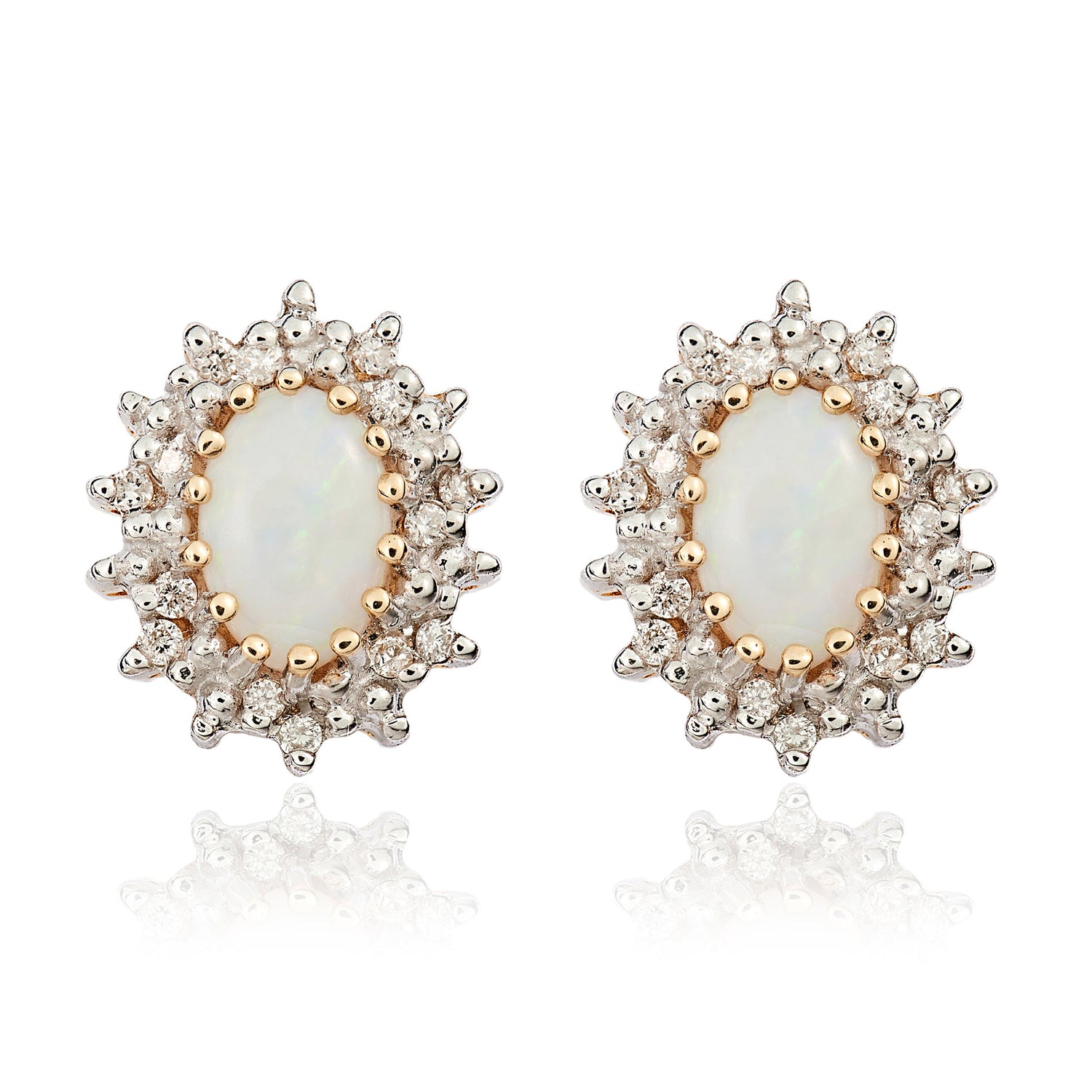 9ct Yellow Gold Oval Natural Opal and Diamond Cluster Earrings — 6x4mm