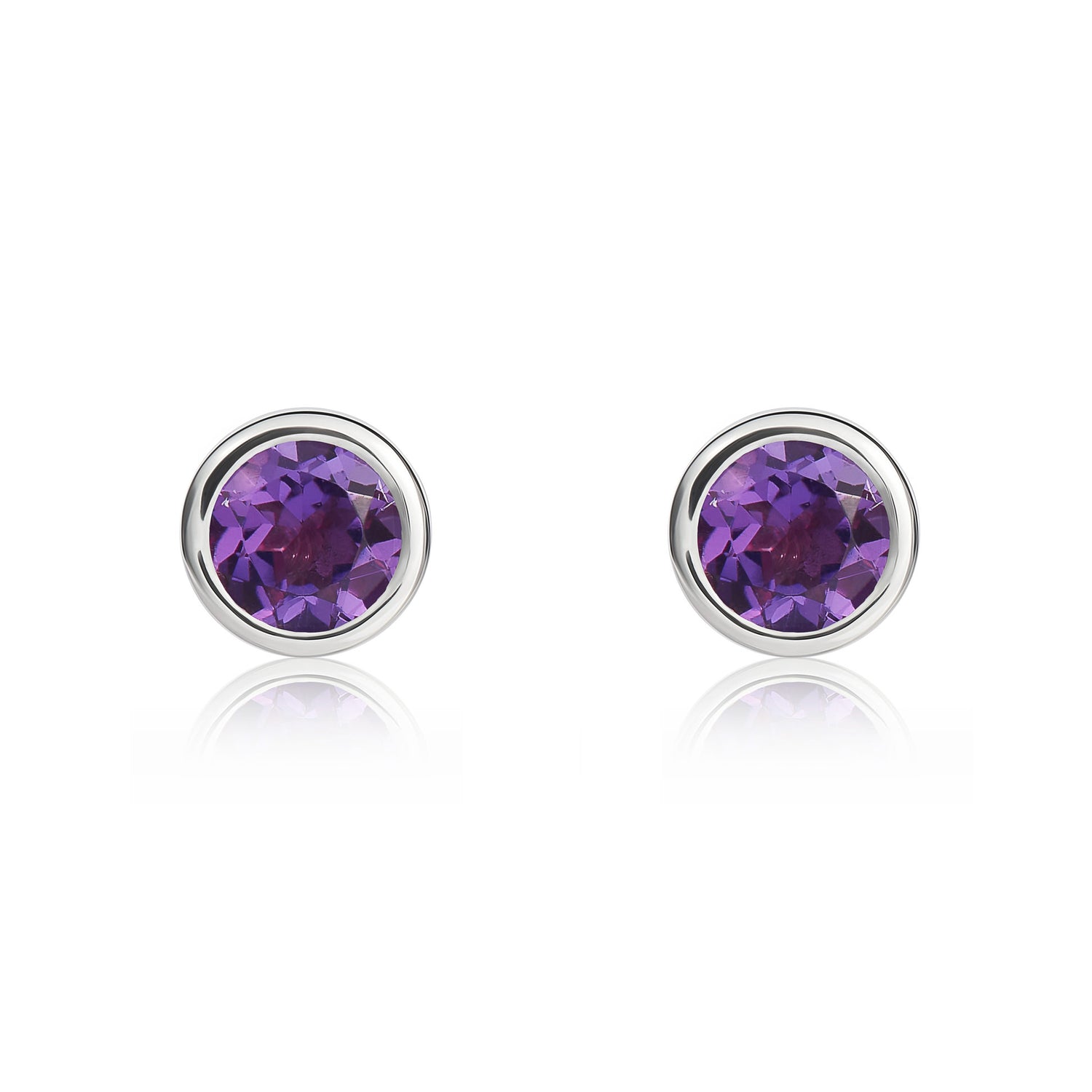 9ct White Gold Round Natural Amethyst Rubover Stud Earrings — 4mm