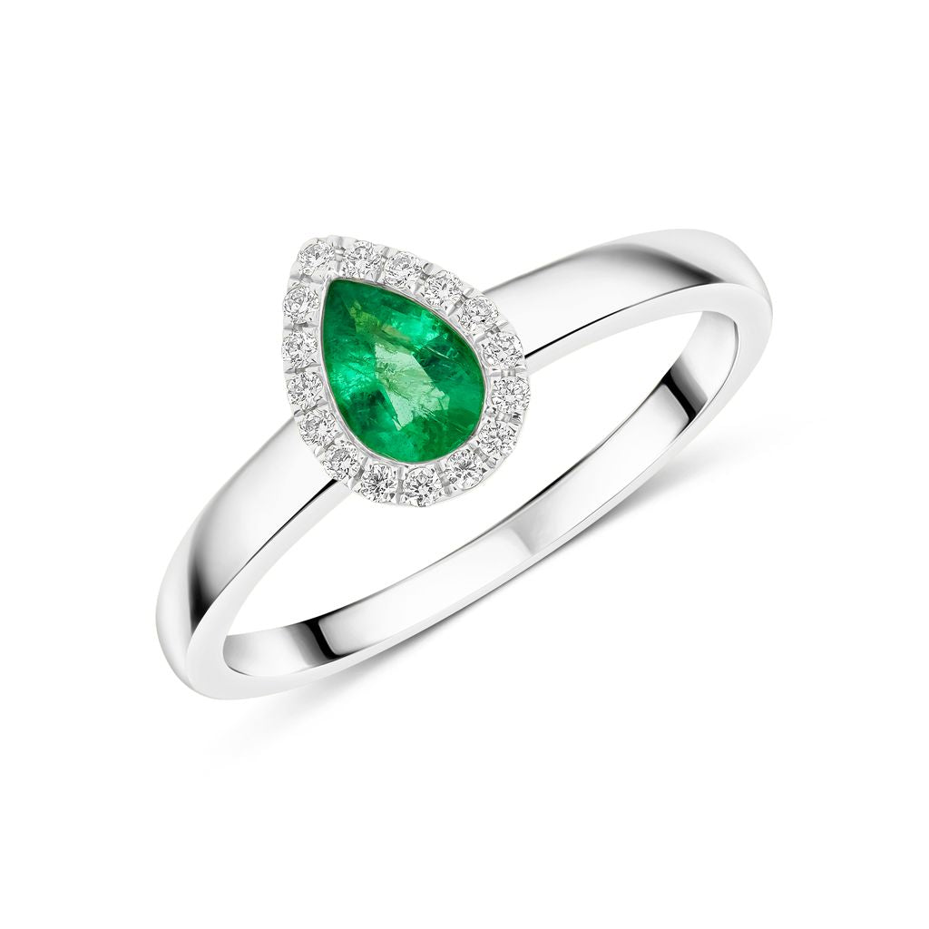 18ct White Gold Pear Shape Emerald and Diamond Microset Cluster Ring — 6x4mm