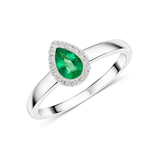 18ct White Gold Pear Shaped Natural Emerald and Diamond Halo Cluster Ring — 6x4mm