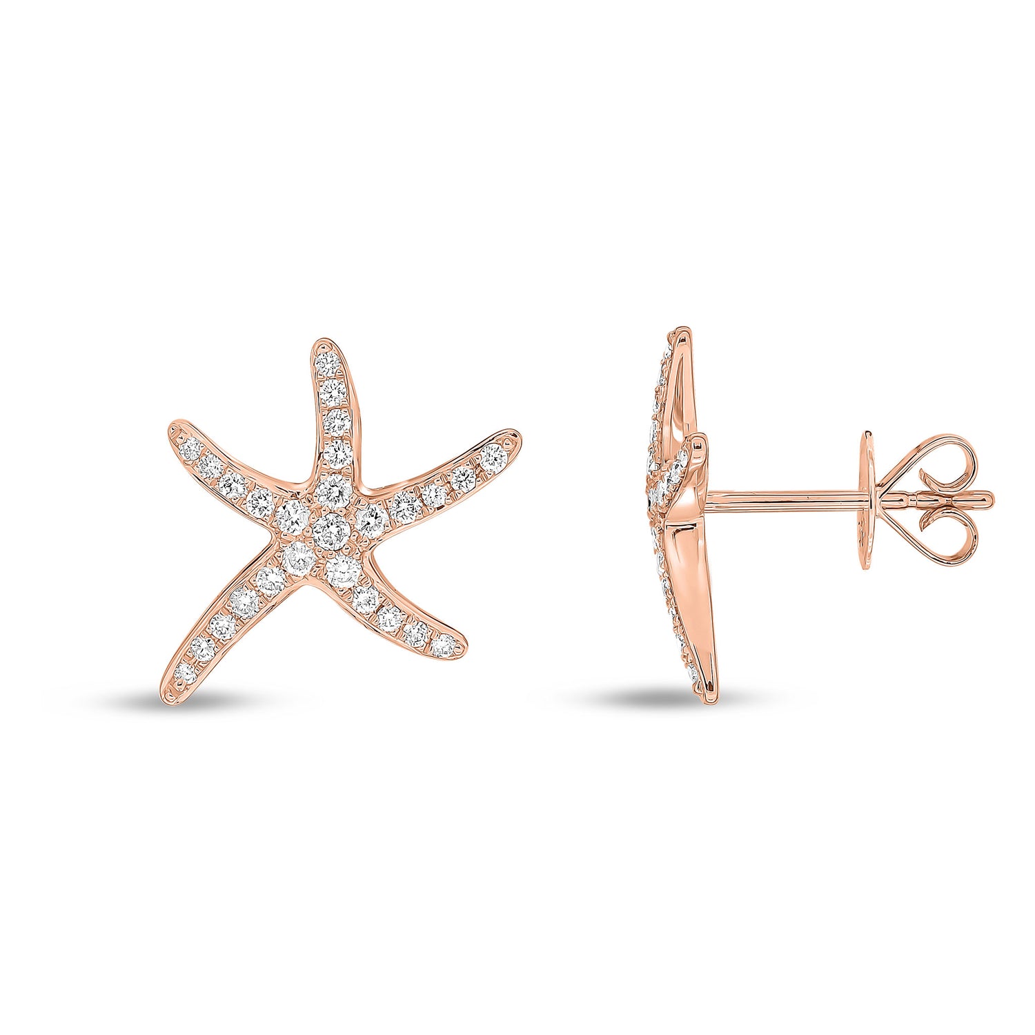 18ct Rose Gold Natural Diamond Pave Set Starfish Stud Earrings — 13mm