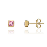 9ct Yellow Gold Square Natural Pink Sapphire Rubover Stud Earrings — 3mm