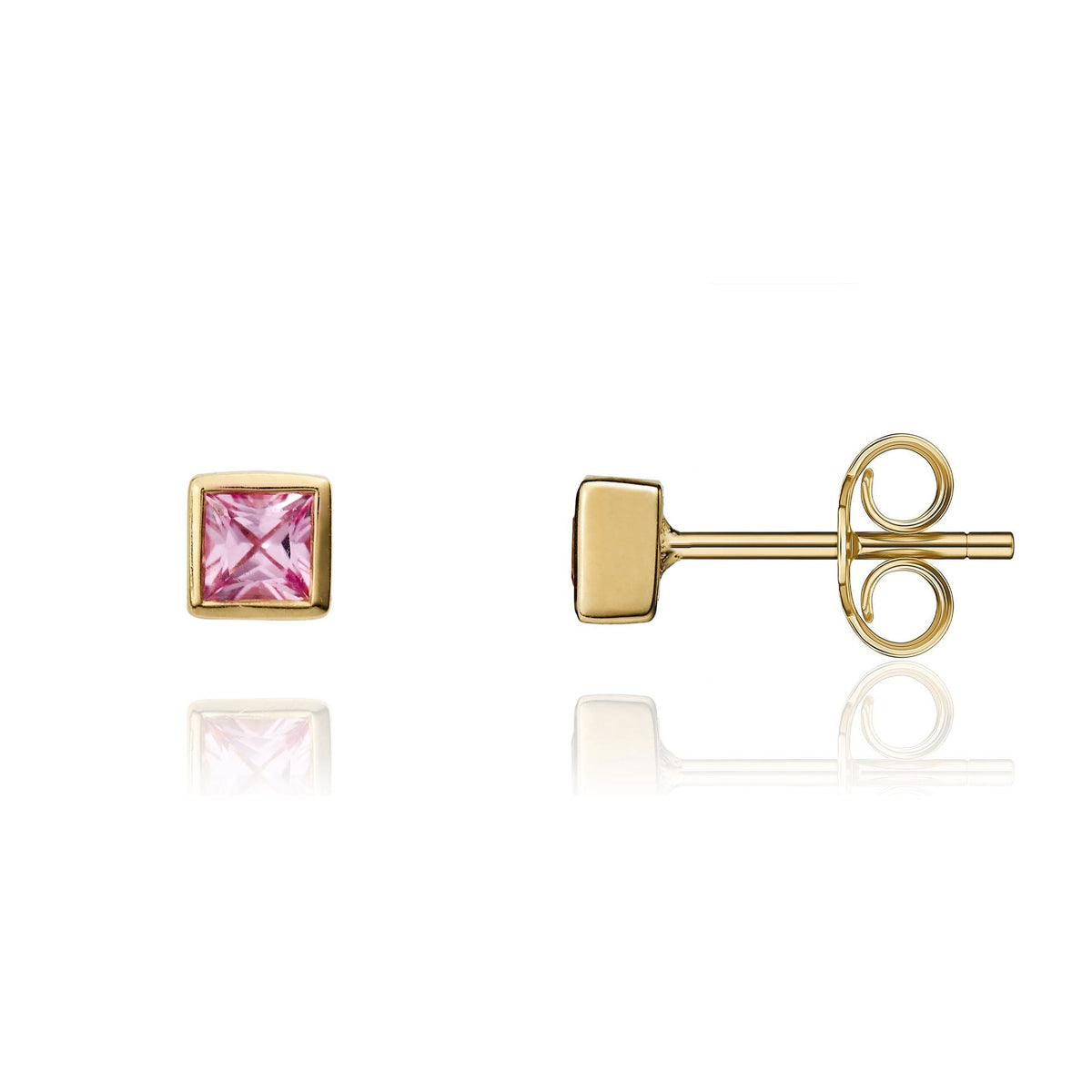 9ct Yellow Gold Square Natural Pink Sapphire Rubover Stud Earrings — 3mm