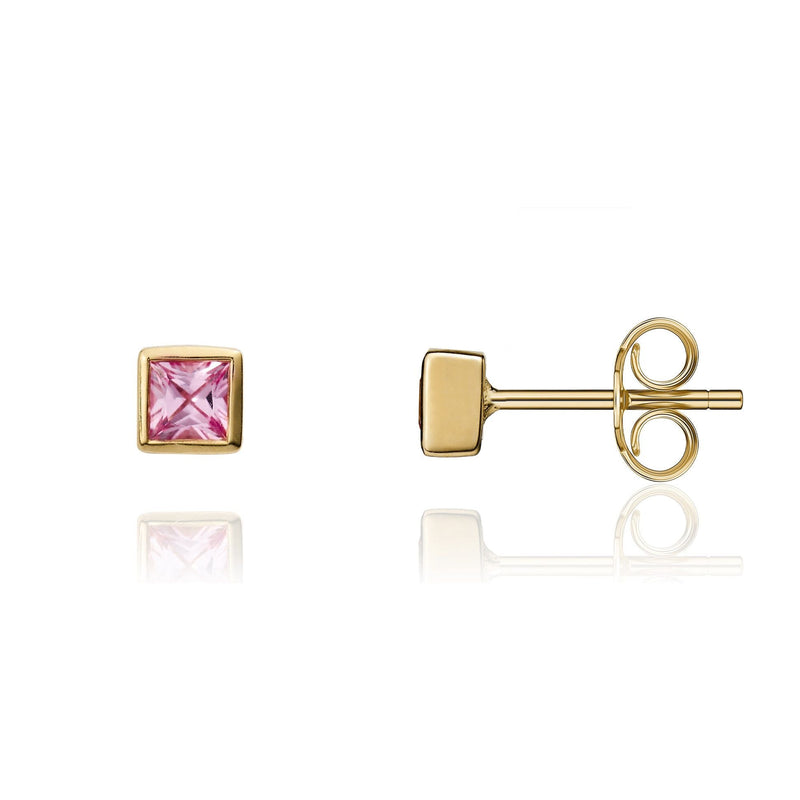 9ct Yellow Gold Square Natural Pink Sapphire Rubover Stud Earrings — 3mm