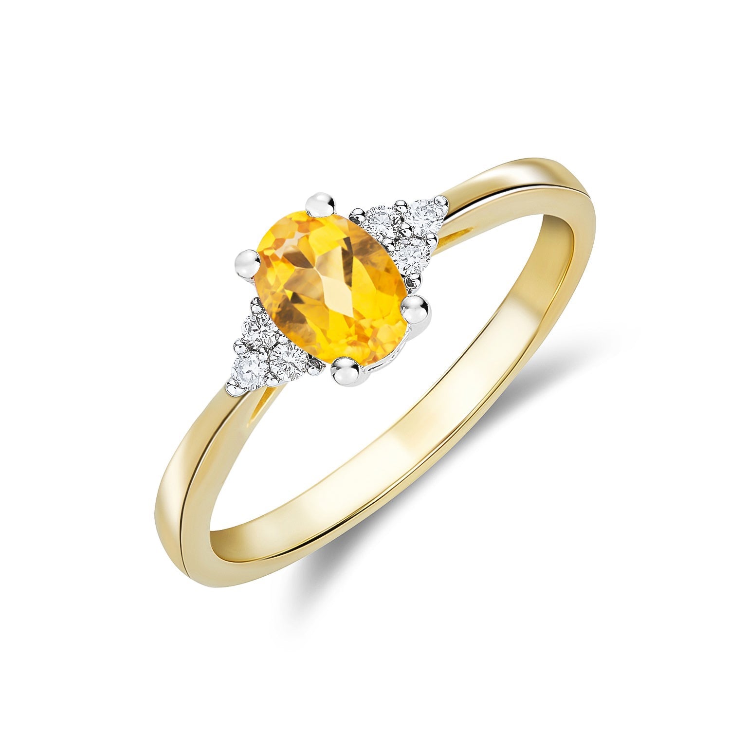 9ct Yellow and White Gold Oval Natural Citrine and Diamond Trefoil Shoulder Ring — 7x5mm