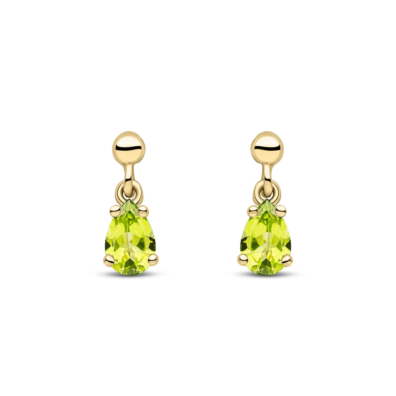 9ct Yellow Gold Pear Shaped Natural Peridot Claw Drop Earrings with Bead Tops — 6x4mm