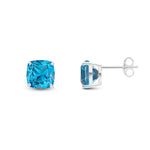 9ct White Gold Cushion Natural Swiss Blue Topaz Claw Stud Earrings — 8mm