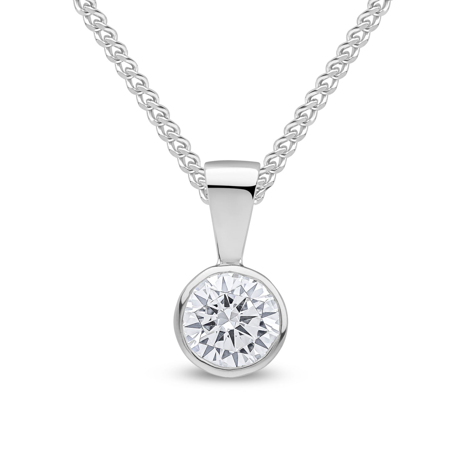 9ct White Gold Round Cubic Zirconia CZ Rubover Pendant — 5mm