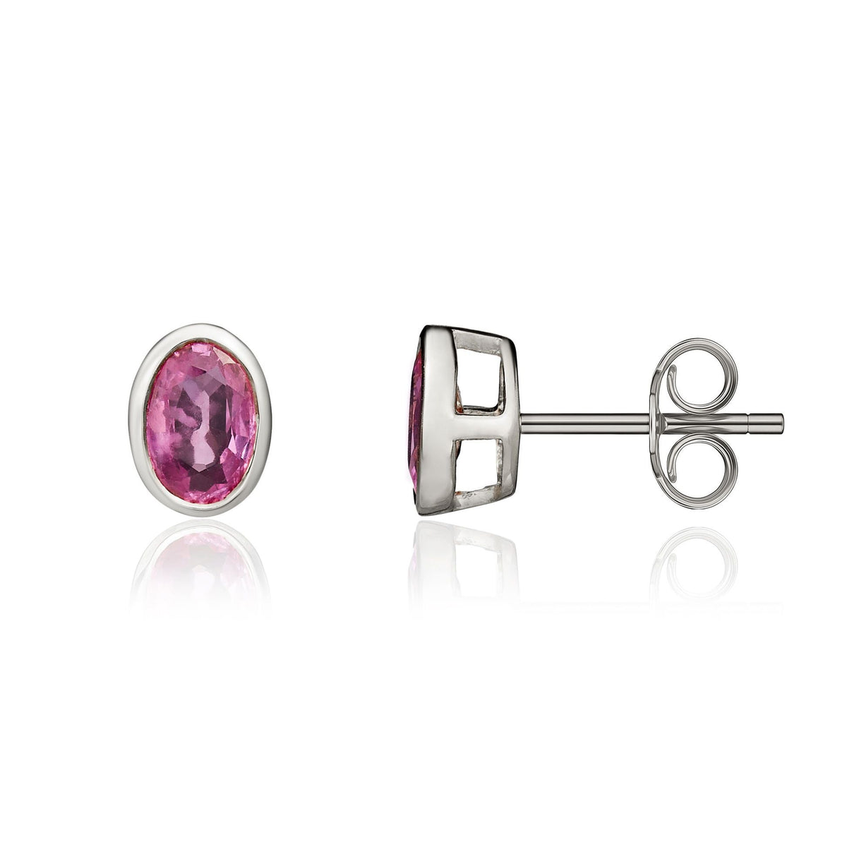 9ct White Gold Oval Natural Pink Sapphire Rubover Stud Earrings — 6x4mm
