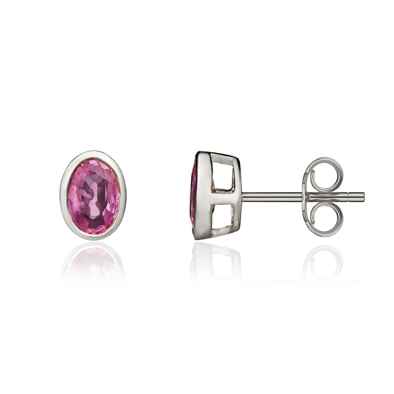 9ct White Gold Oval Natural Pink Sapphire Rubover Stud Earrings — 6x4mm