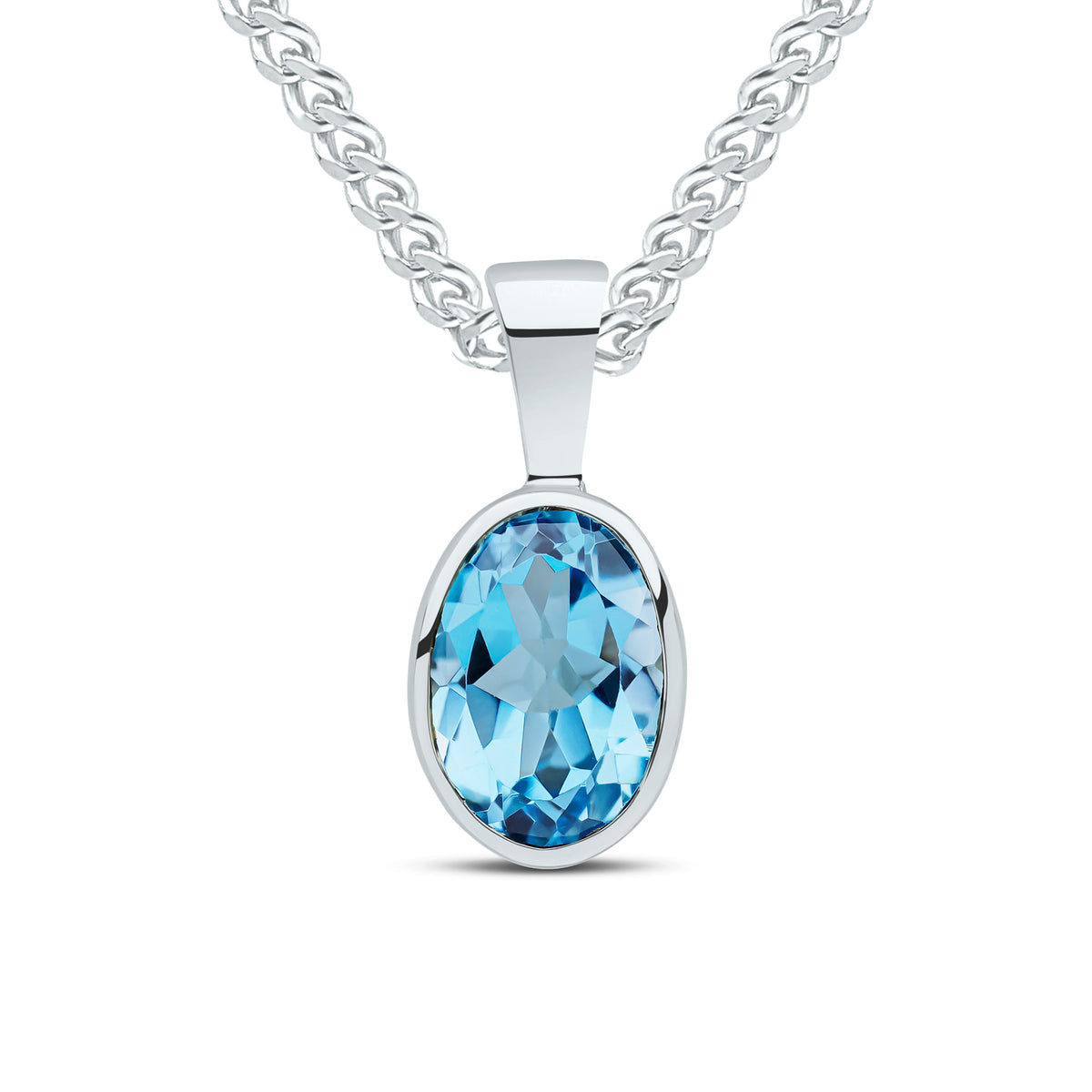 9ct White Gold Oval Natural Swiss Blue Topaz Rubover Pendant — 7x5mm