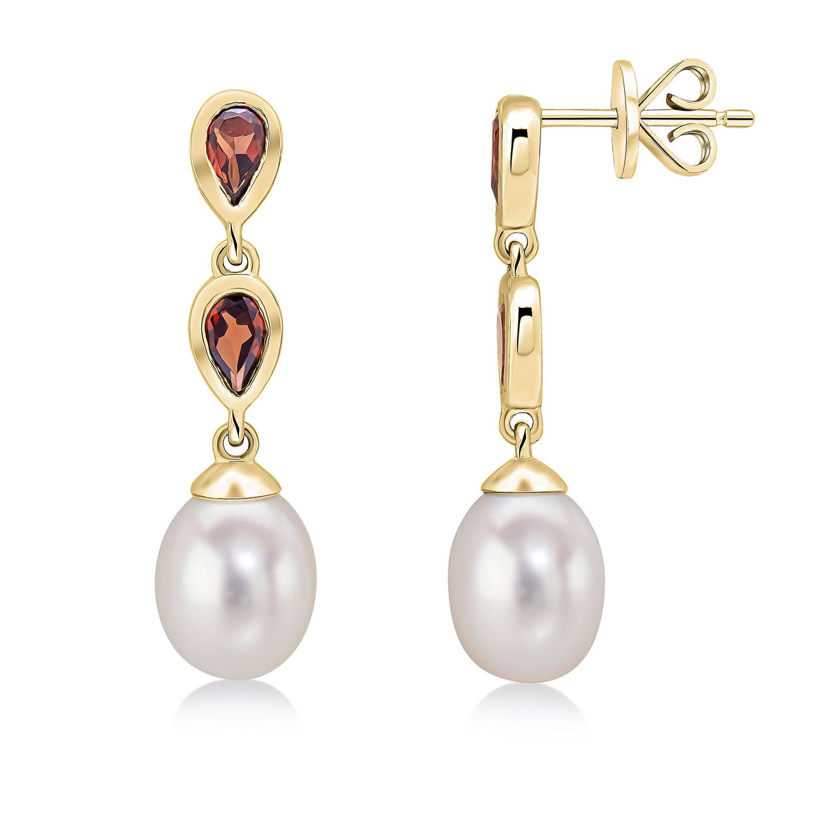 9ct Gold Pearl and Pear Shaped Gemstone Double Drop Earrings