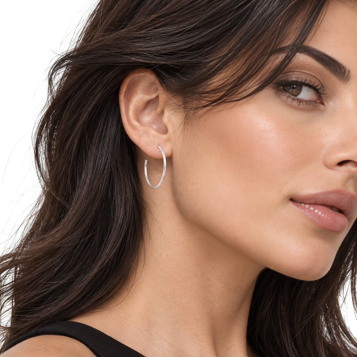 9ct White Gold Square Tube Hoop Earrings with Peg and Scroll Fittings — 32mm