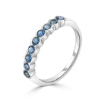 9ct White Gold Round Natural Blue Sapphire Nine Stone Rubover Scallop Ring
