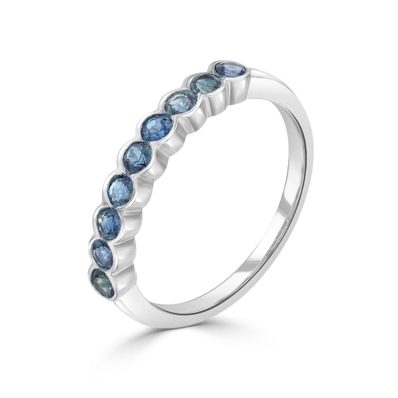 9ct White Gold Round Natural Blue Sapphire Nine Stone Rubover Scallop Ring