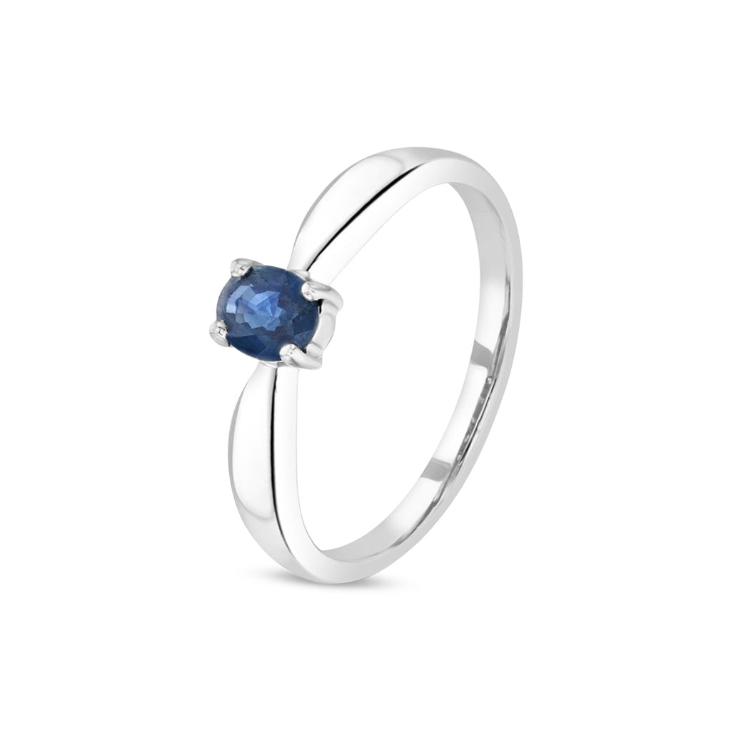 9ct White Gold Oval Natural Sapphire Four Claw Single Stone Ring